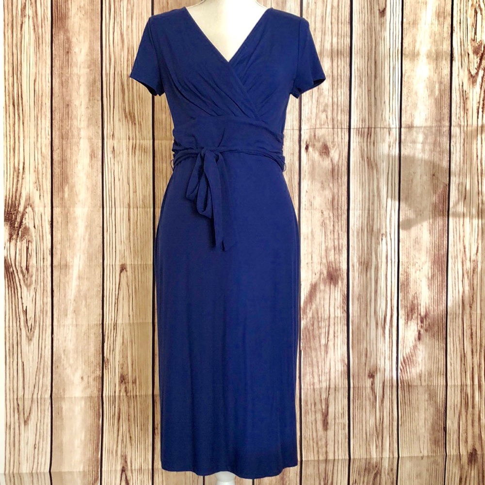 *Talbots Bright Blue Midi Dress w/Tie & V-neck Crossover Front Size Small